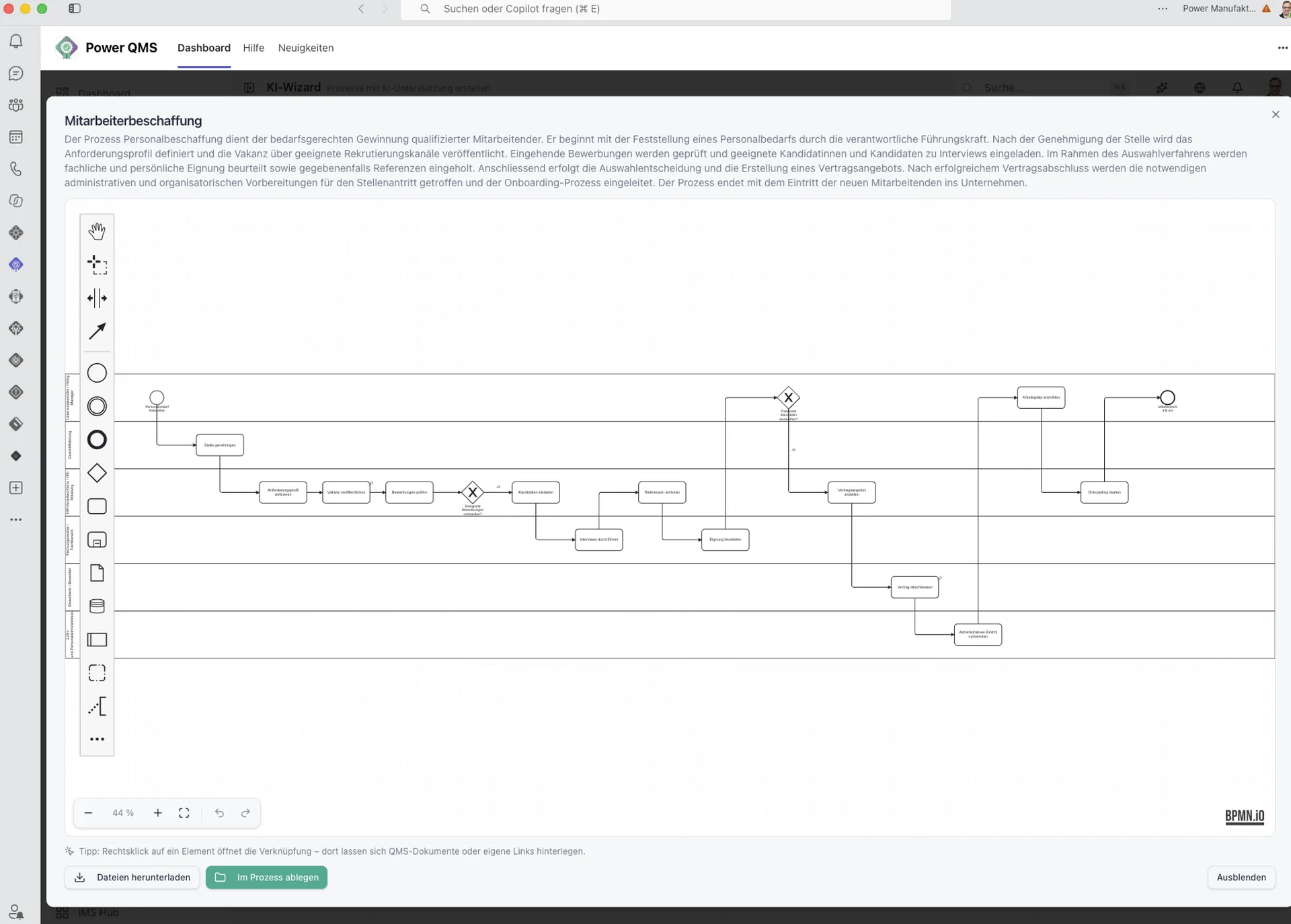 Power QMS KI-generiertes Swimlane-Flussdiagramm