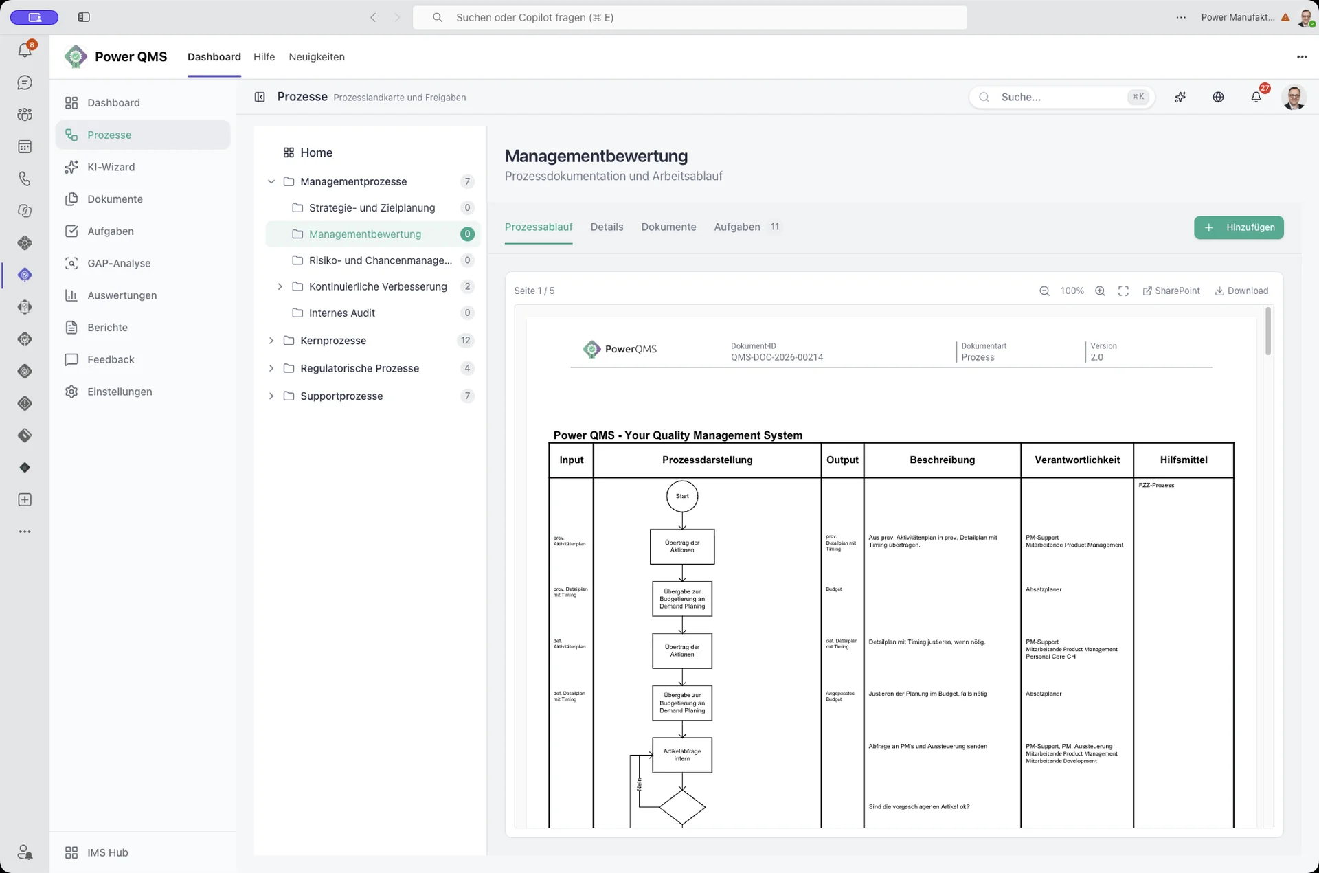 Power QMS Prozessdetail mit Dokumentvorschau